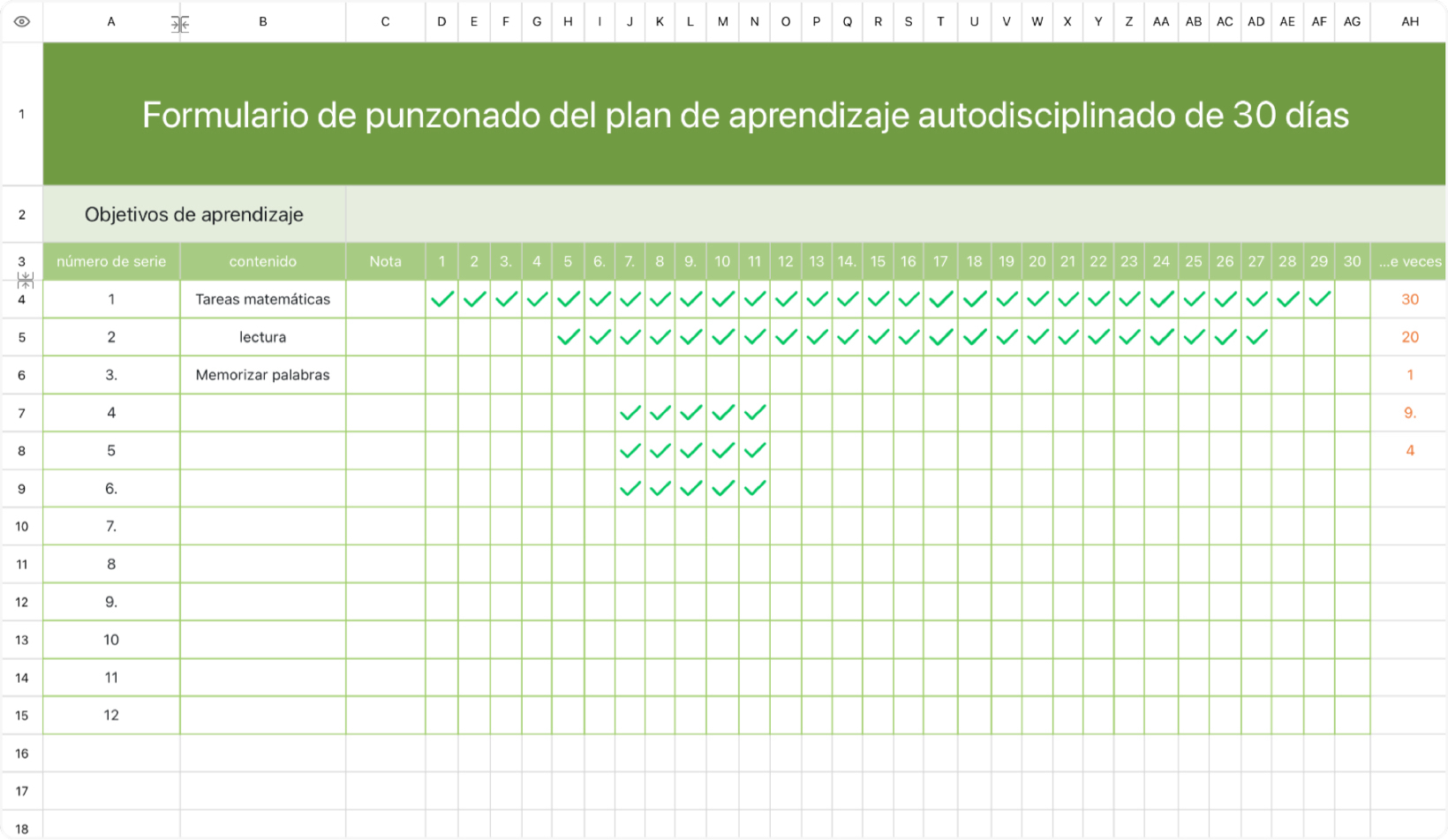 Formulario de punzonado del plan de aprendizaje autodisciplinado de 30 días